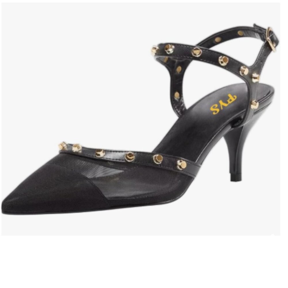 FYS Black Pointed Toe Rivet Pumps Ankle Strap Studded Kitten Heel Sandals
